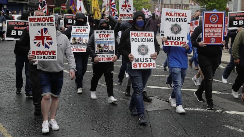 Loyalists take part in an anti-Northern Ireland Protocol rally in Portadown, Co Armagh. Half of people who took part in a recent survey said they are unaware of the Protocol. Picture by Brian Lawless, Press Association 