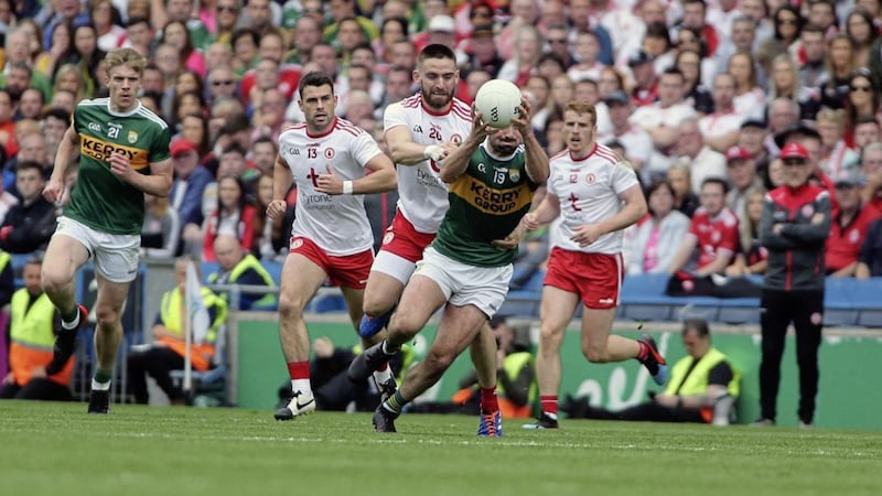 Kerry&#39;s Jack Sherwood gets ahead of the chasing Tyrone pack in last Sunday&#39;s All-Ireland semi-final. Picture: Seamus Loughran 