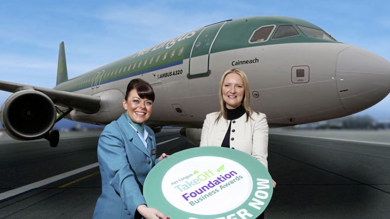 Announcing the opening of entries for the 10th annual Aer Lingus TakeOff Foundation Business Awards are cabin crew member Lyndsey Minford (left) with Aer Lingus business development manager Andrea Hunter 