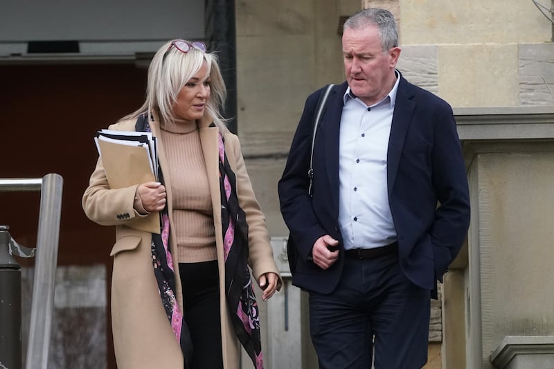 Sinn Fein vice-president Michelle O’Neill and MLA Conor Murphy leave Stormont Castle