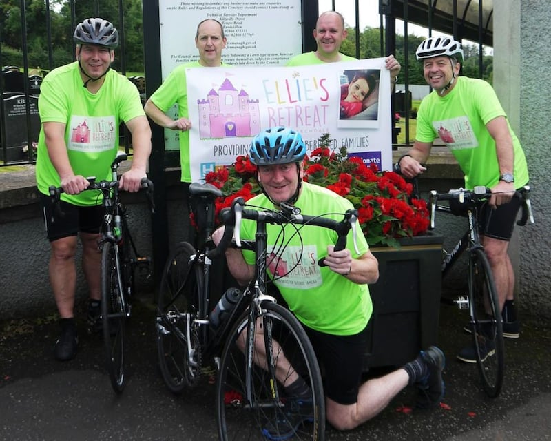 Pictured before their charity cycle from Enniskillen to Hook Head, Co Wexford are Ellie Nicholl&#39;s uncles Nigel Sweeney and Jos Wukics, along with family friends Ian Luckett and Mick O&#39;Brien. Ellie&#39;s father Billy (second from right) will drive the support vehicle 
