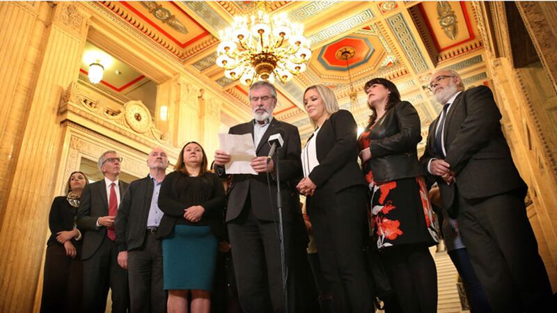 &nbsp;Sinn F&eacute;in addresses the media at Stormont. Picture by Hugh Russell