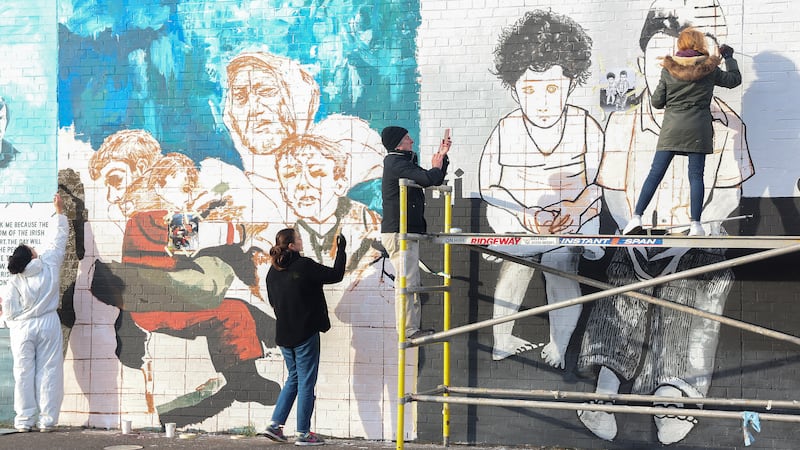 The International Mural Wall in west Belfast where a group of volunteers are  working a set of murals highlighting the plight of the Palestinian people. PICTURE: MAL MCCANN