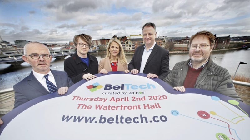 Launching next month&#39;s BelTech conference are (from left) Stuart Harvey, Datactics; Mark Brown, Unosquare; Roisin Byrne, Hays Recruitment; John Healy, Allstate NI; and Dr Tom Gray from Kainos 