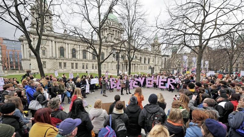 Hundreds gathered at a rally in support of victims of sexual assault, at Belfast City Hall. Picture by Justin Kernoghan 