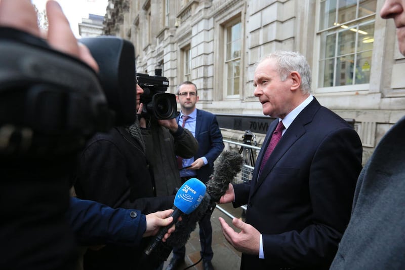 Deputy First Minister Martin McGuinness talking to the waiting media outside the Cabinet Office. Picture by Jonathan Brady, Press Association 