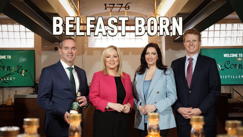L-R:  John Kelly, CEO Belfast Distillery Company, First Minister Michelle O'Neill, Deputy First Minister Emma Little Pengelly, and US Special Economic Envoy Joe Kennedy, at the official opening of the McConnell's Distillery in former A-wing of Crumlin Road Gaol.