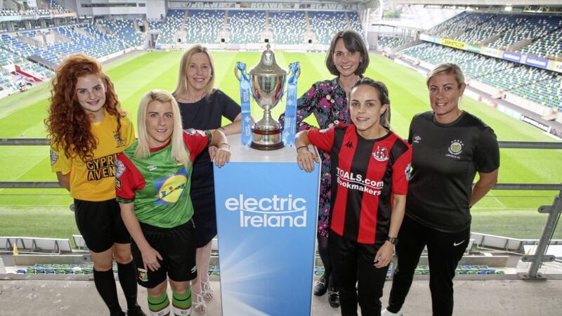 At the semi-final draw for the Electric Ireland Women&rsquo;s Challenge Cup were Sarah McKillen of Comber Rec Ladies, Rachel Rogan (Glentoran Women), Elaine Junk, chair of the IFA&rsquo;s Women&rsquo;s Challenge Cup Committee, Anne Smyth of Electric Ireland, Crusaders Strikers player Chloe Archibald, and Alison Smyth of Linfield Ladies. 