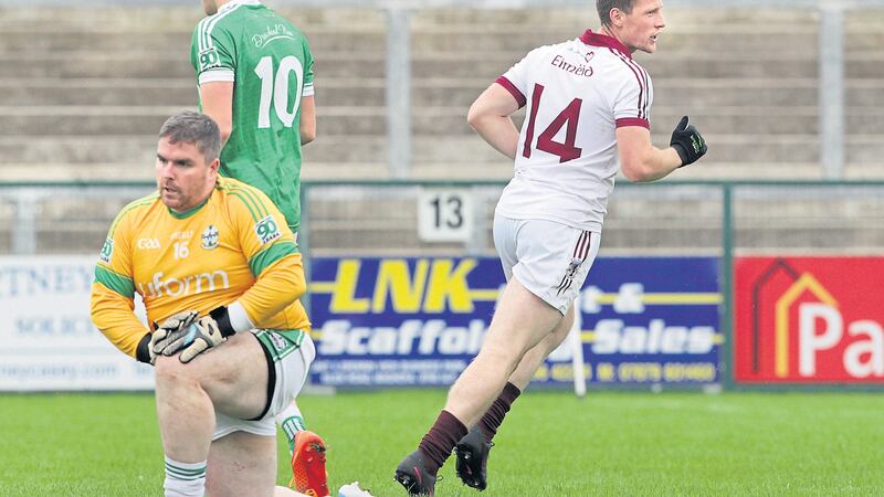 Se McGuigan turns away after scoring Slaughtneil&rsquo;s only goal during their 10-point win over Newbridge at Owenbeg. Picture: Margaret McLaughlin&nbsp;