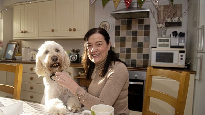 Runner Pat Shields at her Co Down home with her dog Barney bear. Picture Mark Marlow 