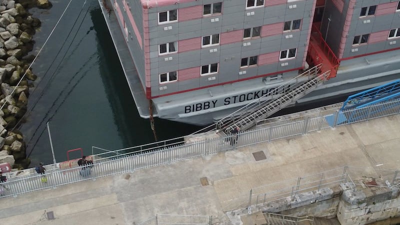 The Bibby Stockholm accommodation barge is docked at Portland Port in Dorset (PA)
