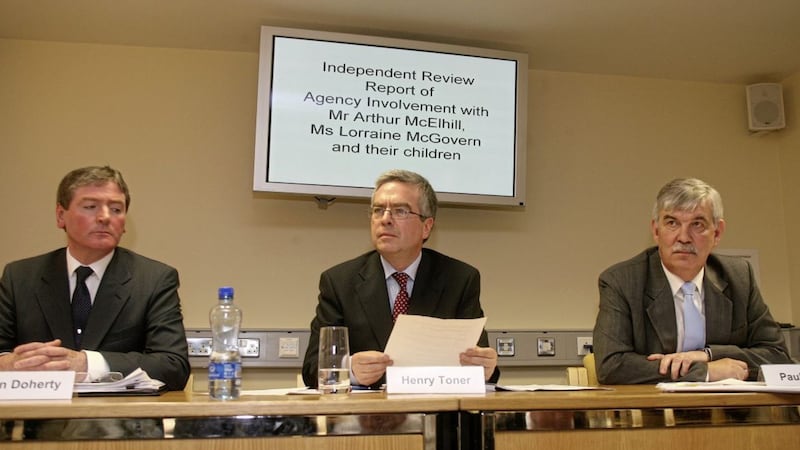 John Doherty, director of women and children services at the Western Health Trust, Henry Toner QC, Paul Martin, chief social services officer at the Department of Health, at the launch of the independent report into the Omagh fire tragedy. Picture by Mal McCann 