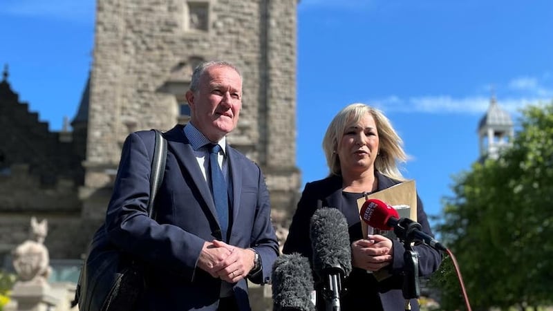Sinn Fein’s Deputy Leader Michelle O’Neill and Conor Murphy speak to media (David Young/PA)