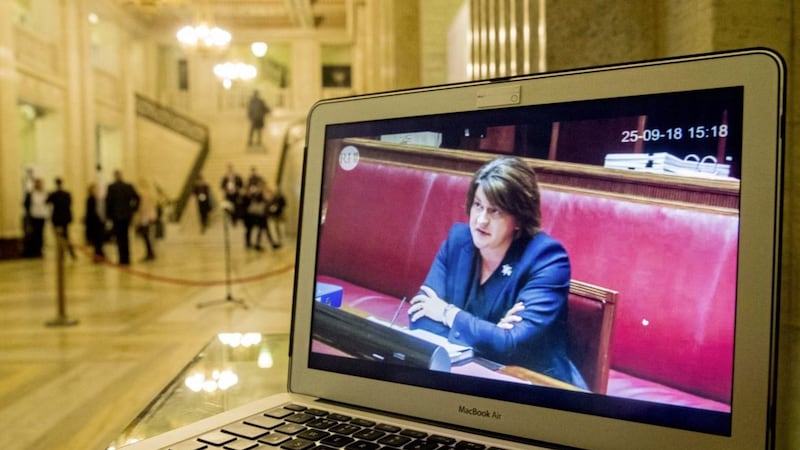 A laptop in the Great Hall of Stormont&#39;s Parliament Buildings in Belfast showing a live feed of the DUP leader Arlene Foster giving evidence to the RHI inquiry. Picture by Liam McBurney/PA Wire 
