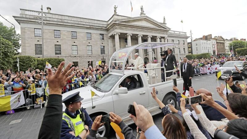 Pope Francis travels in the popemobile past the General Post Office in Dublin. Picture by Niall Carson/PA Wire 