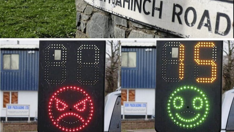 A speed indicator device and the A21 Ballynahinch Road where vehicles were clocked at 160mph