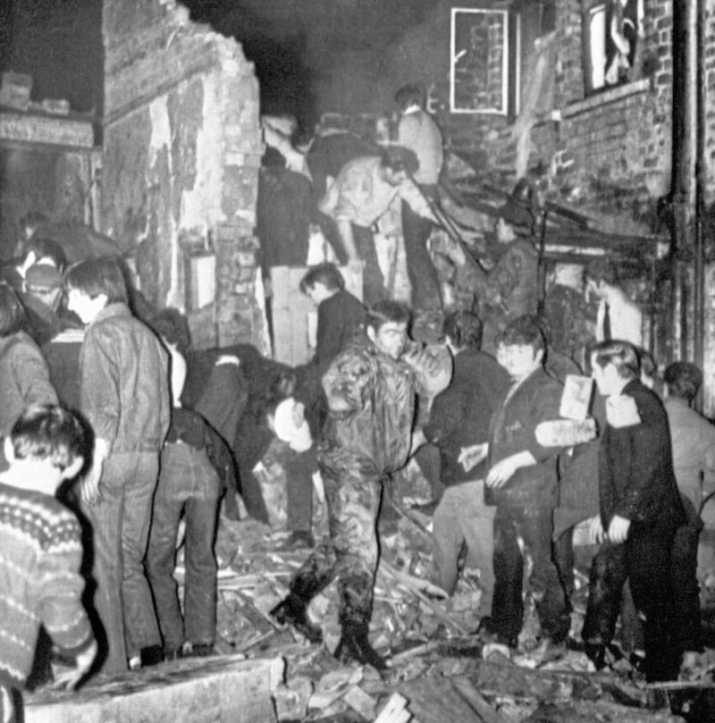 The aftermath of the bomb blast at McGurk&#39;s bar in North Queen Street in 1971. Picture by PA 