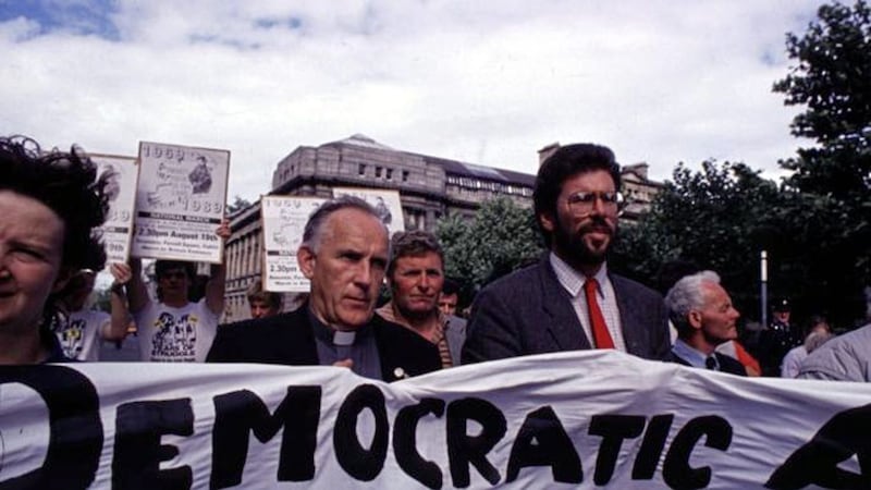 Fr Patrick Ryan attends a rally with Gerry Adams in in the 1980s