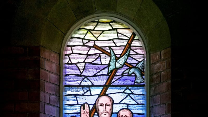 A stained glass window dedicated to Saint Columbanus inside Ballyholme Parish Church in Bangor 