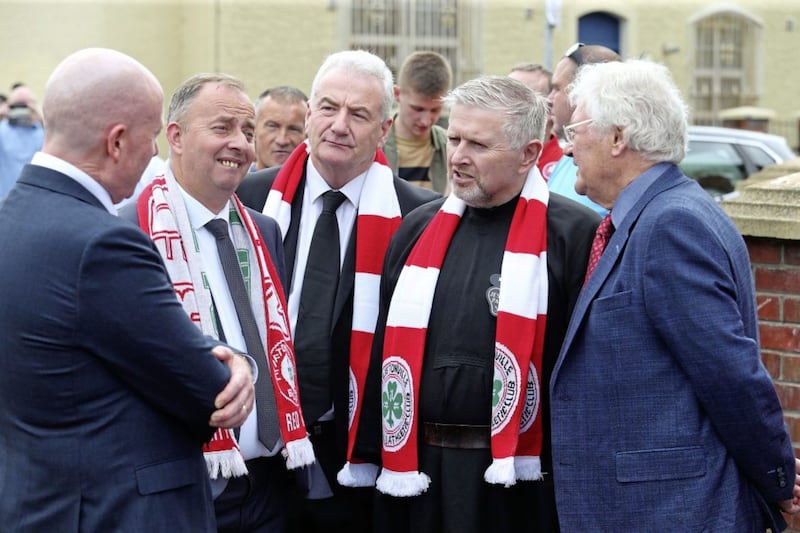 David Begley, Brian McKee, Fr Gary Donegan and Jackie Fulerton at the funeral of Tommy Breslin Picture Mal McCann 