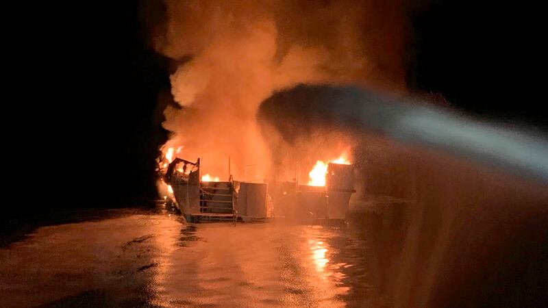 Firefighters attempt to put out the fire on the scuba dive boat Conception (Ventura County Fire Department via AP, File)