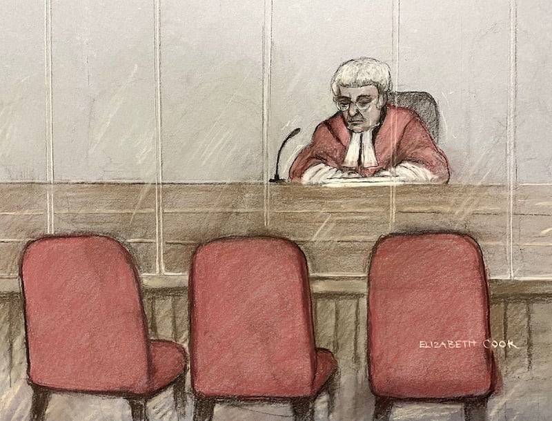 A sketch of empty chairs in court