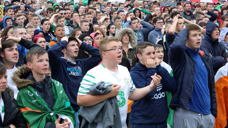 Anguish for Ireland fans watching the match against France at the official Euro 2016 Fanzone at Boucher playing fields in south Belfast. Picture by Cliff Donaldson 