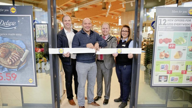 Pictured at the new Lidl concept store in Lurgan are Paul Stuart, Lidl area manager; Rory Best; Armagh City, Banbridge and Craigavon lord mayor Gareth Wilson; and Nicola Fullen, Lidl Lurgan store manager. Photo: Philip Magowan/PressEye 