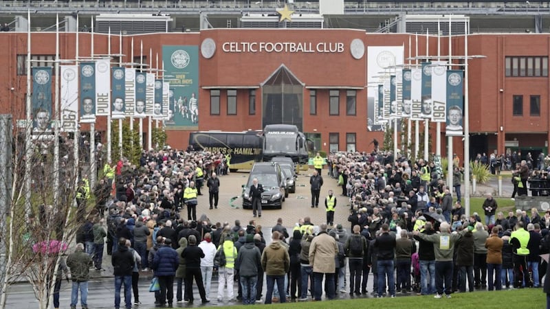 The funeral cortege for Tommy Gemmell at Celtic Park, Glasgow, ahead of his funeral service. Picture by Jane Barlow/PA
