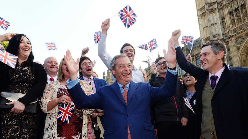Brand new day &ndash; Ukip leader Nigel Farage with supporters in Westminster on Friday 