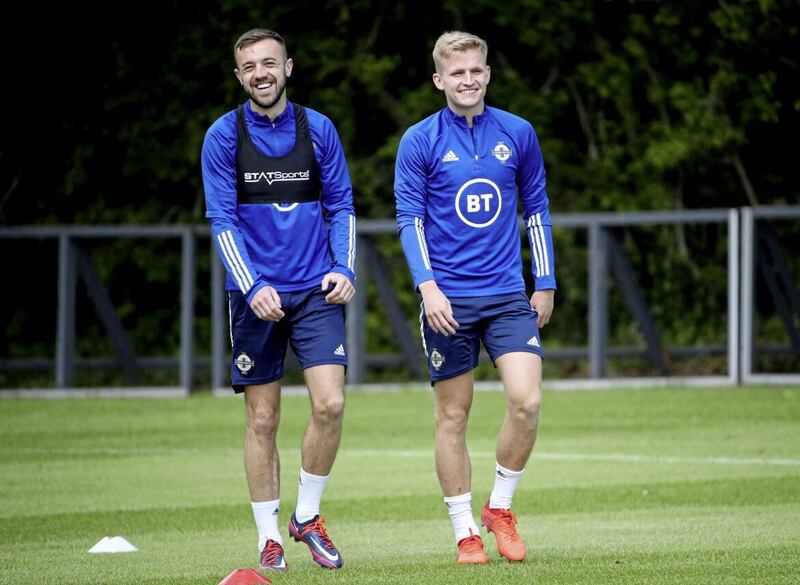 Conor McMenamin and Ali McCann during a previous Northern Ireland training session. Photo by William Cherry/Presseye 