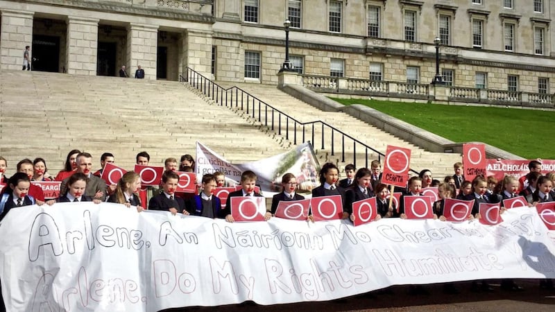 Pupils from Irish medium schools outside Stormont. Picture by Siobhan Fenton/PA Wire 