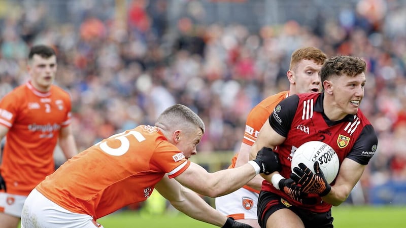 Armagh&#39;s Aidan Nugent and Down&#39;s Pierce Laverty during Sunday&#39;s Ulster semi-final Picture: Philip Walsh. 