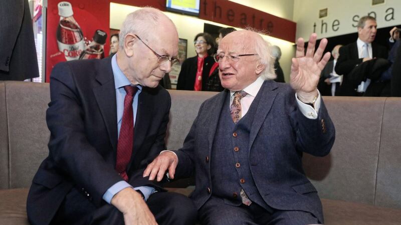 President Michael D Higgins, right, with Herman Van Rompuy, president emeritus of the European Council, at a one-day conference to formally launch the DCU Brexit Institute at The Helix, DCU. Picture by Brian Lawless/PA 