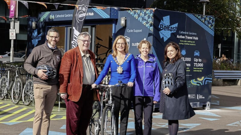 Director and Founder of Big Loop, Richard Good, Andrew Dougal, chair of the Public Health Agency, Lord Mayor Councillor Tina Black, Sustrans director Caroline Bloomfield and Anne Doherty, Ulster University. 