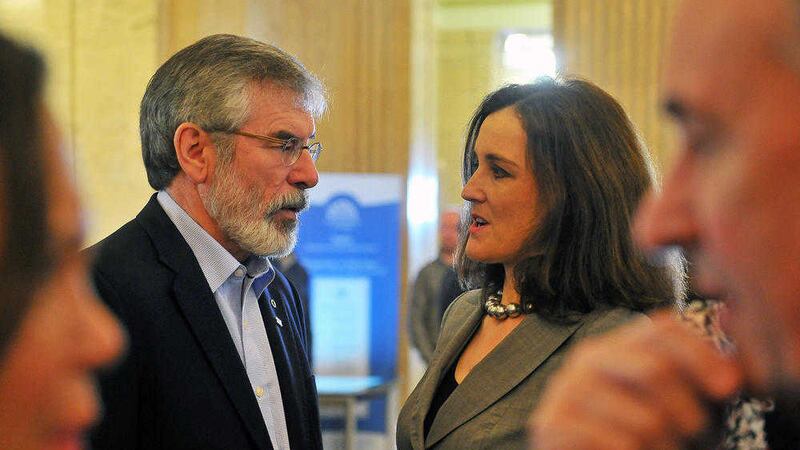 Sinn Fein president Gerry Adams speaks o Theresa Villiers at Stormont yesterday as the talks move towards a conclusion. Picture by Justin Kernoghan 