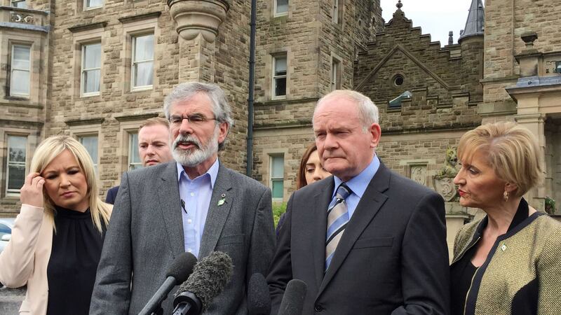 Health Minister Michelle O'Neill, Sinn Fein leader Gerry Adams, Deputy First Minister Martin McGuinness and MEP Martina Anderson at Stormont Castle in Belfast, as Mr Adams gave his reaction to the UK Brexit vote. Picture by Lesley Anne McKeown, Press Association&nbsp;