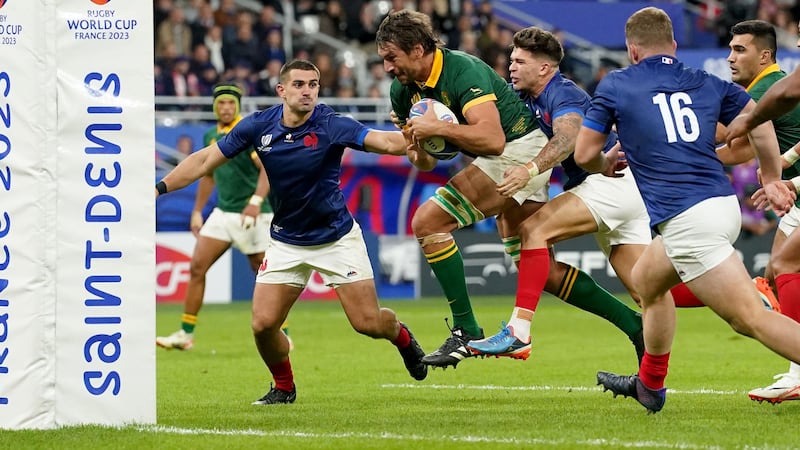 Eben Etzebeth powers towards the line for a crucial second-half try in South Africa’s thrilling 29-28 quarter-final win over hosts France (Adam Davy/PA).