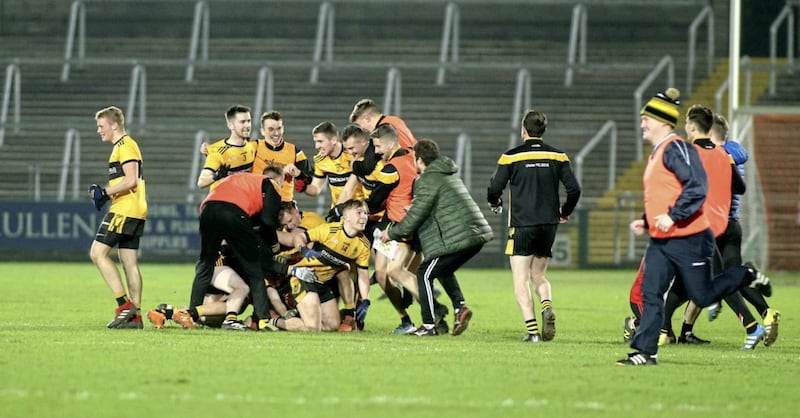 St Enda&#39;s players celebrate at the final whistle of their Ulster IFC semi-final win over Tattyreagh in the Athletic Grounds Picture Seamus Loughran. 