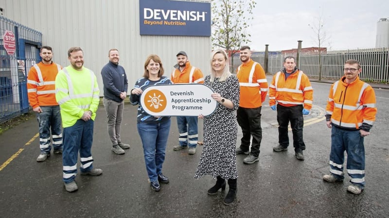 Long-serving Devenish employees who have successfully completed the firm&rsquo;s first-ever apprenticeship programme, pictured with with group HR director Gillian McAuley and learning and development manager Claire Espie 