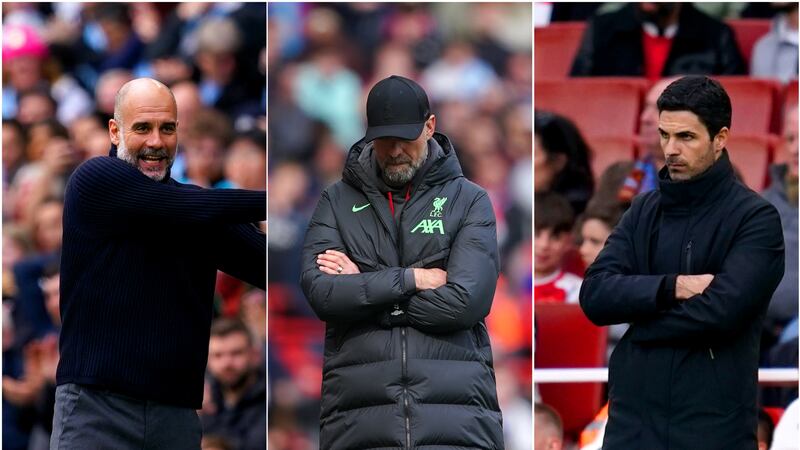 Pep Guardiola, left, and Mikel Arteta, right, might be left to contest the title alone after Jurgen Klopp’s Liverpool suffered a bad week