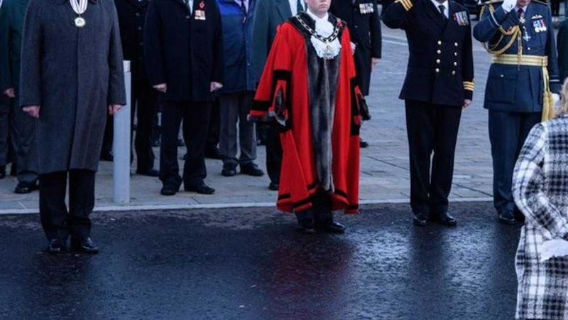 Antrim and Newtownabbey mayor, DUP councillor Thomas Hogg, in ceremonial robes on Remembrance Sunday in Antrim 