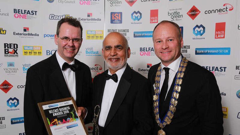 Lord Rana pictured with Mark O&rsquo;Brien (Bank of Ireland UK) and Belfast Chamber president Hugh Black (right) 