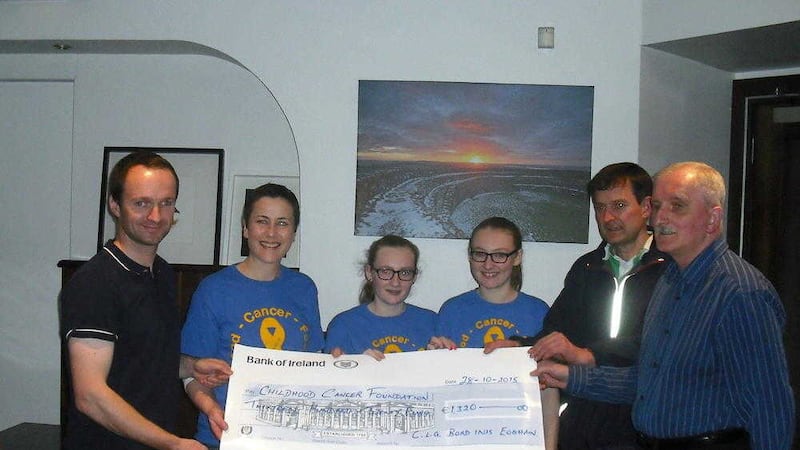 At the recent Donegal Animal Hospital-sponsored U9 and U11 finals, held at the Scarvey in Buncrana, the Childhood Cancer Foundation was presented with a cheque for &euro;1,320. Pictured (l-r) are John McLaughlin, treasurer CLG bord Inis Eoghain, Maura Toner, CCF, Emer and Bronagh McKinney, Gerald Roarty, Donegal Animal Hospital, and Gerard Callaghan, chairman CLG bord Inis Eoghain
