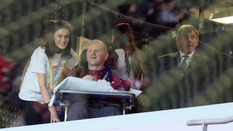 Sean Cox in the stands alongside Kenny Dalglish (right) prior to the Sean Cox Fundraising match at The Aviva Stadium, Dublin. Picture by Brian Lawless, Press Association&nbsp;