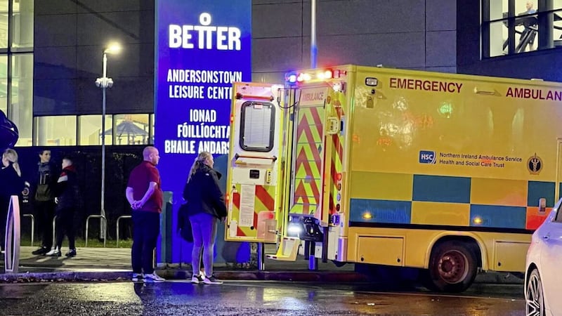 An ambulance at the scene of Monday evening&#39;s collision in west Belfast that left two teenage boys requiring hospital treatment. Picture by Mal McCann 