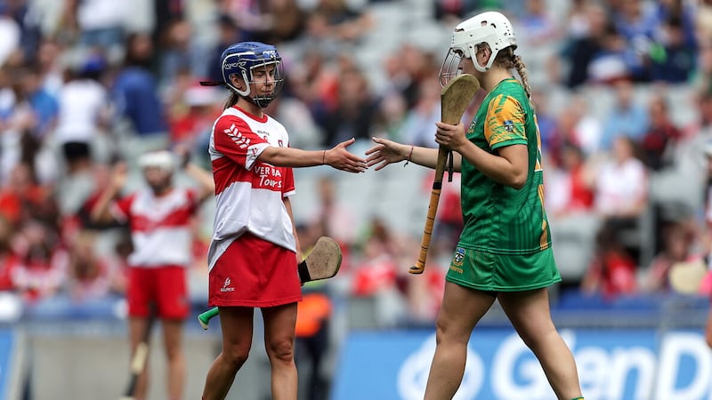 Derry's Dervla O’Kane shakes hands after the game with Abbye Donnelly of Meath after the drawn All-Ireland Intermediate final at Croke Park on Sunday