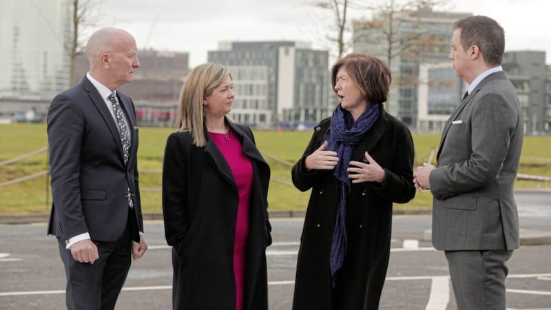 Announcing the rates review at a Retail NI/DWF local government conference at Titanic Belfast are (from left) Colin Neill (Hospitality Ulster), Julie Galbraith (DWF Partner), Sue Gray (Department of Finance permanent secretary) and Glyn Roberts (Retail NI) 