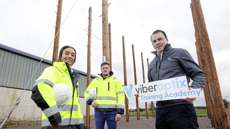 Viberoptix chief executive Naomhan McCrory (right) with latest recruits Shannon Jackson and Cathaoir Quinn. Picture: Kelvin Boyes/Press Eye  