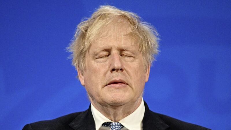 Boris Johnson during a press conference in Downing Street following the publication of Sue Gray&#39;s &#39;partygate&#39; report. 